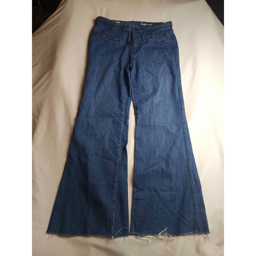 Gap 1969 Original Flare Jeans Womens Size 10R Blue Denim Braided Trim Boho Y2K